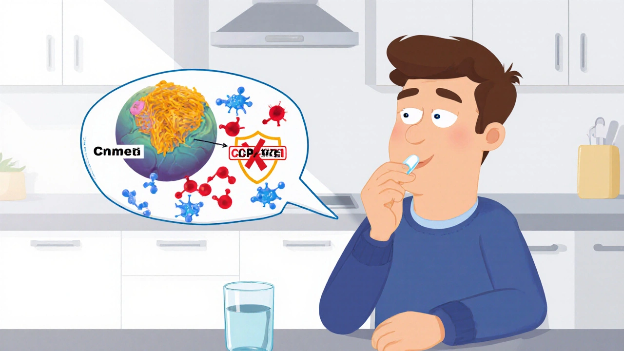 A man taking a pill at the kitchen counter, with an animated diagram showing cancer cells shrinking as hormones are blocked.