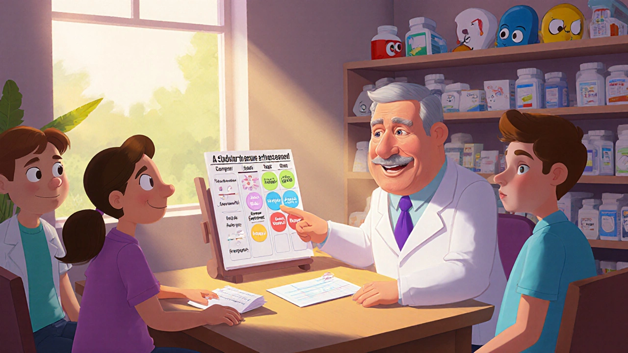 A pharmacist reviews medications with a patient and family in a cozy pharmacy, using a color-coded chart.