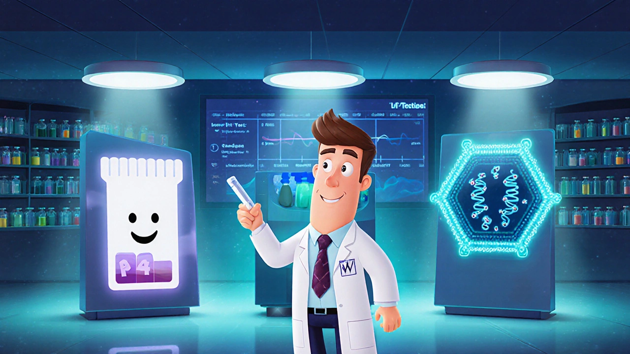 Animated lab shows three HIV test stations (antibody, antigen, NAT) with a cheerful technician.