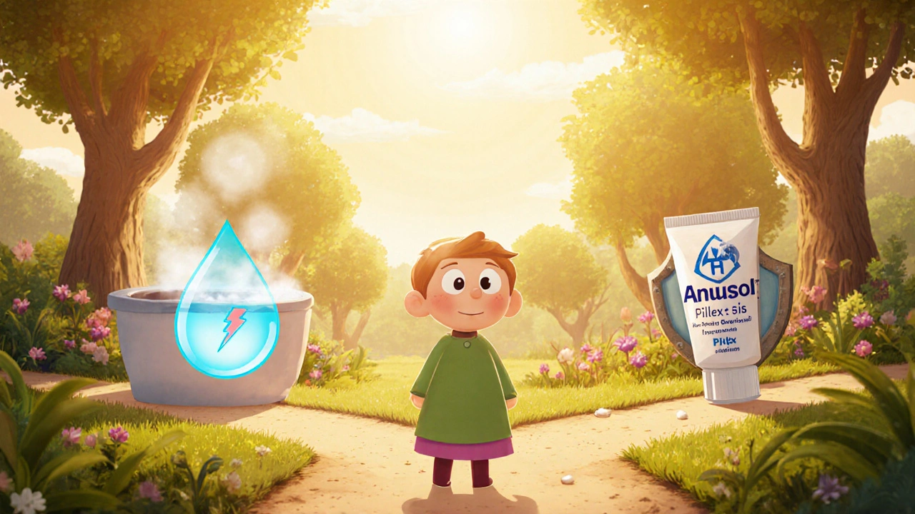 Cartoon character choosing between a sitz bath, Pilex tube, and steroid cream.