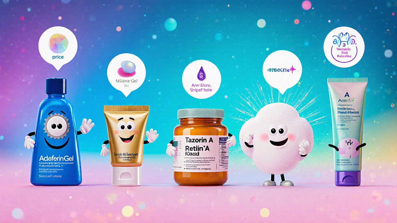 Cartoon mascots of six retinoid products displayed side by side with price and usage icons.