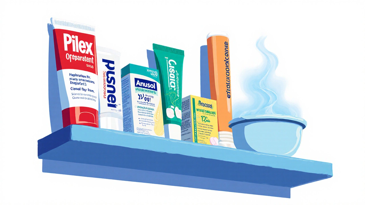 Cartoon shelf displaying various hemorrhoid products with colorful packaging.