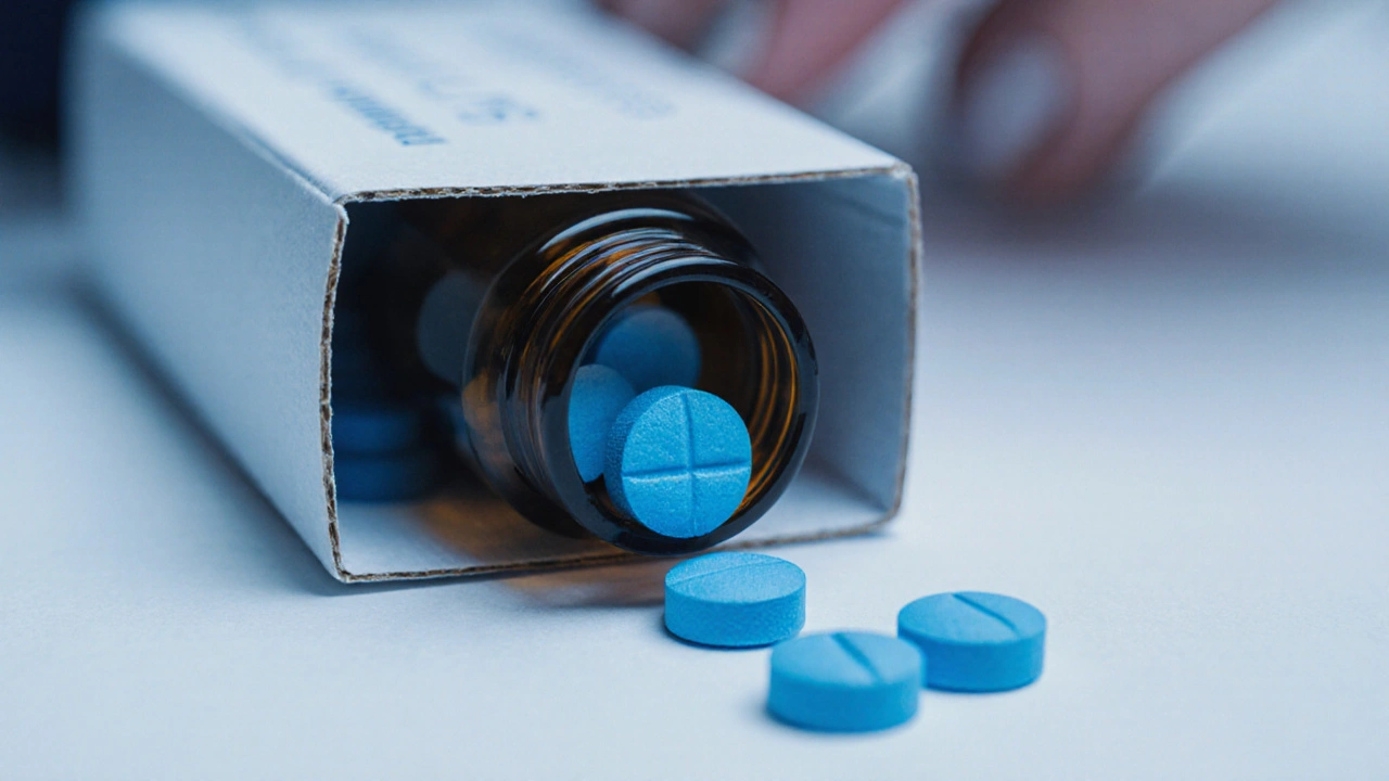 Close‑up of discreet package revealing blue sildenafil tablets on a white surface.