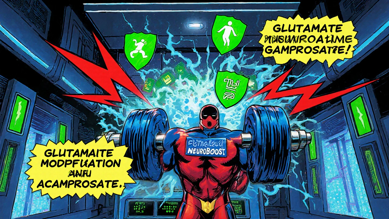 Comic illustration of brain chemistry balancing glutamate and GABA with a superhero exercise figure.