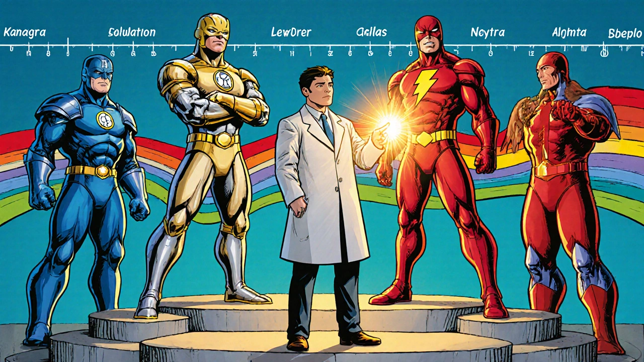 Comic illustration of four heroic figures representing Kamagra, Cialis, Levitra, and Stendra.