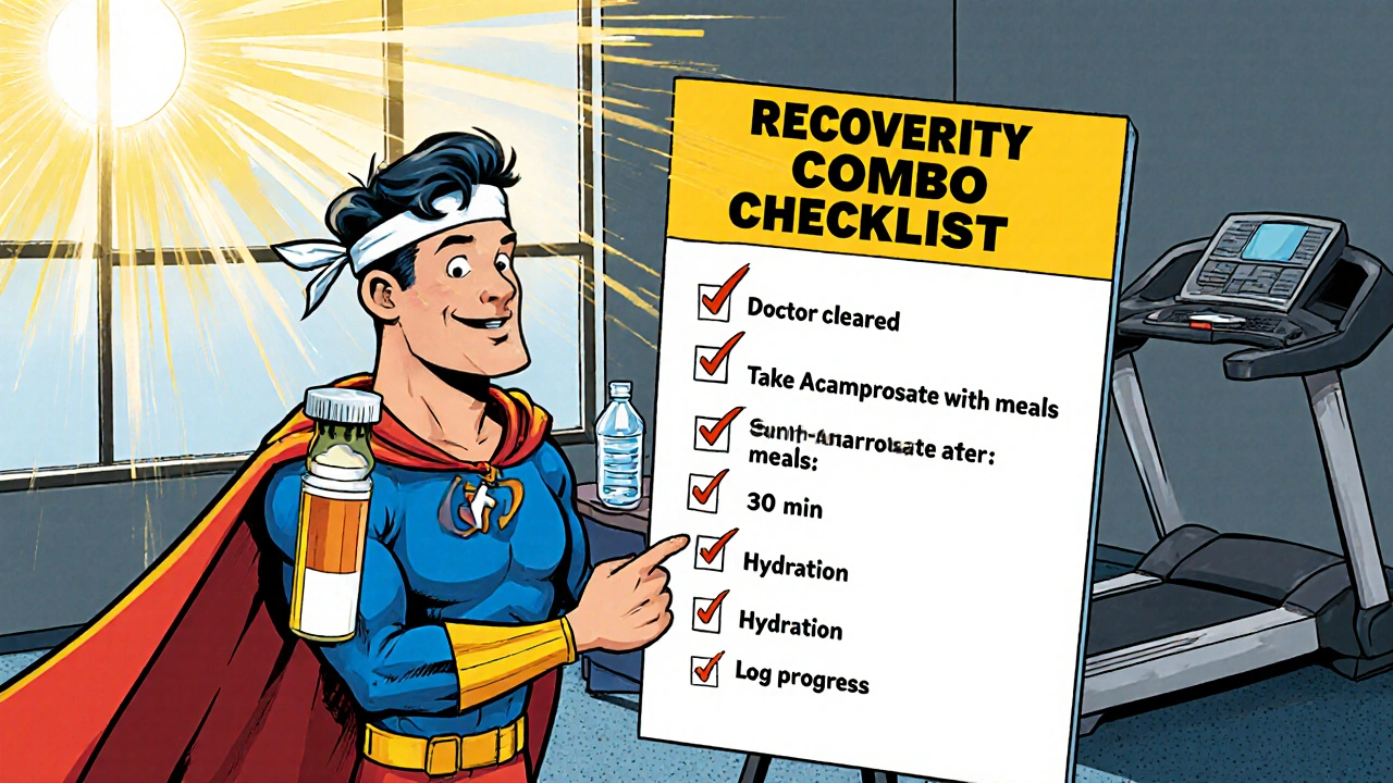 Comic panel showing a recovery checklist with medication, workout gear, and checkmarks.