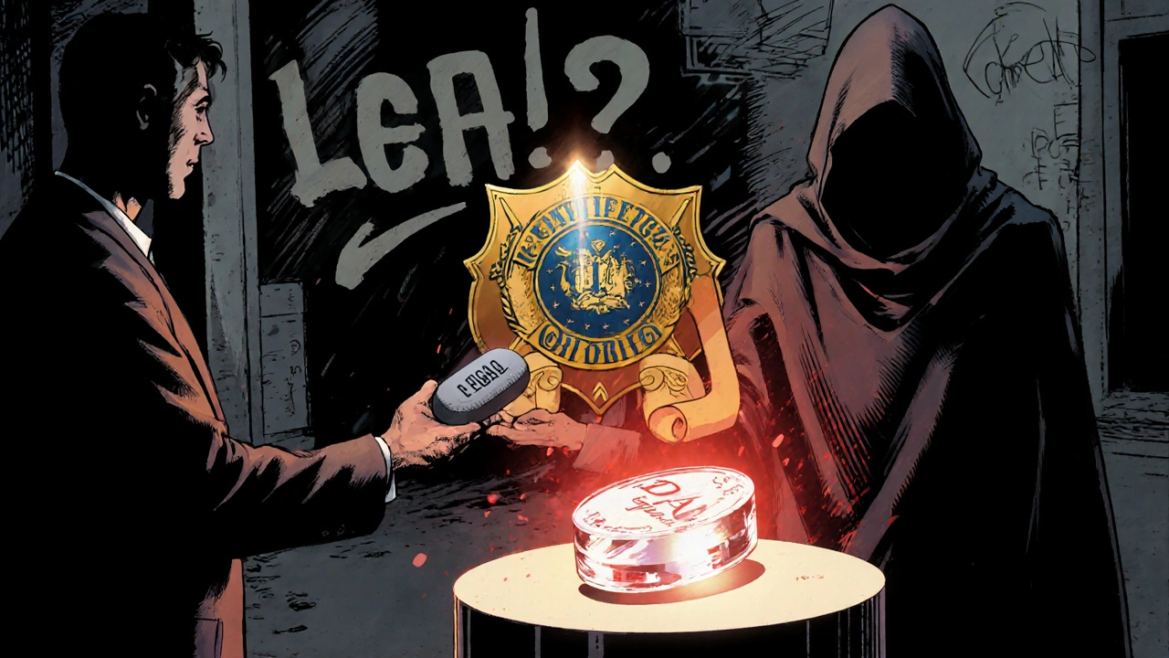 Comic scene with shady figure offering risky pills and a police badge protecting a legitimate Viagra.