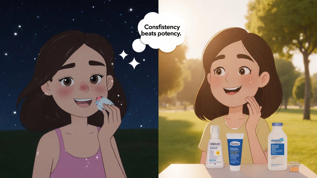 Confident teen with clear skin outdoors, applying moisturizer and sunscreen after using Adaferin.