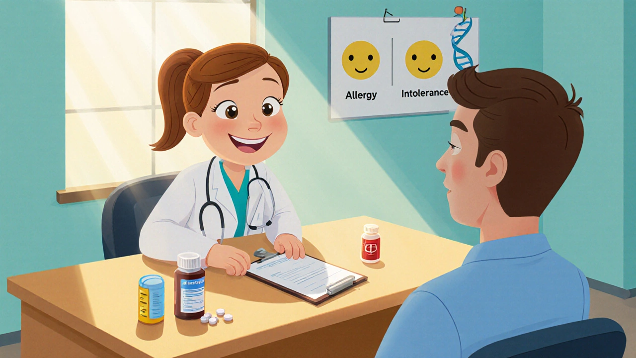Doctor giving patient a clipboard with epinephrine, dosage, and DNA icons.