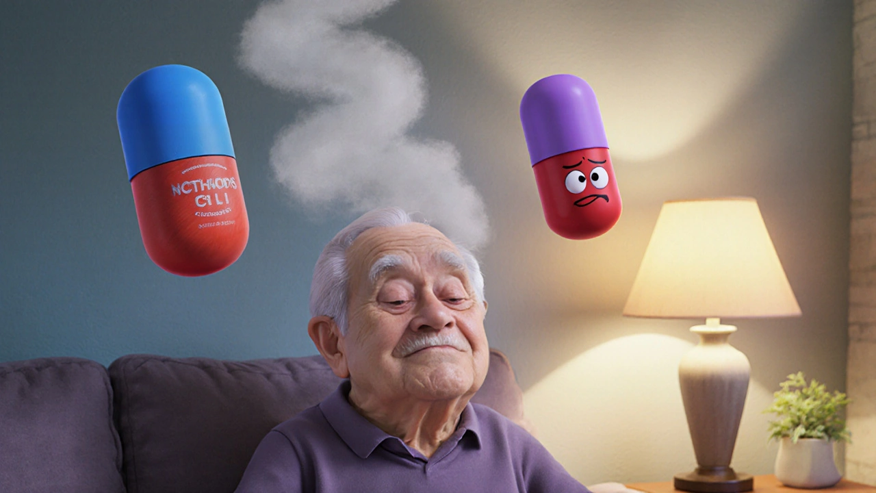 Elderly figure with floating benzodiazepine, opioid, and diphenhydramine pills surrounded by a sedation cloud.