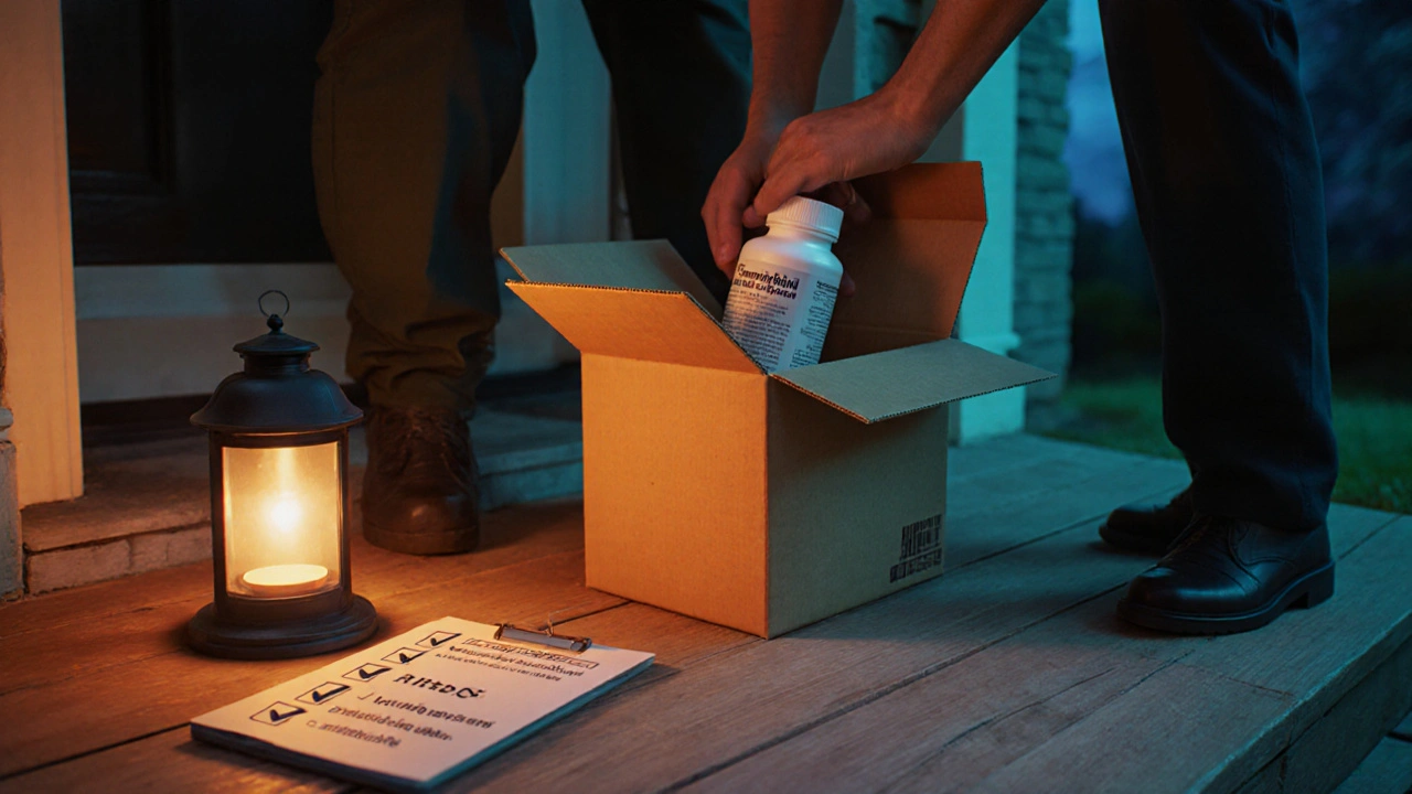 Evening porch scene with delivery box revealing an Omeprazole bottle and a checklist.