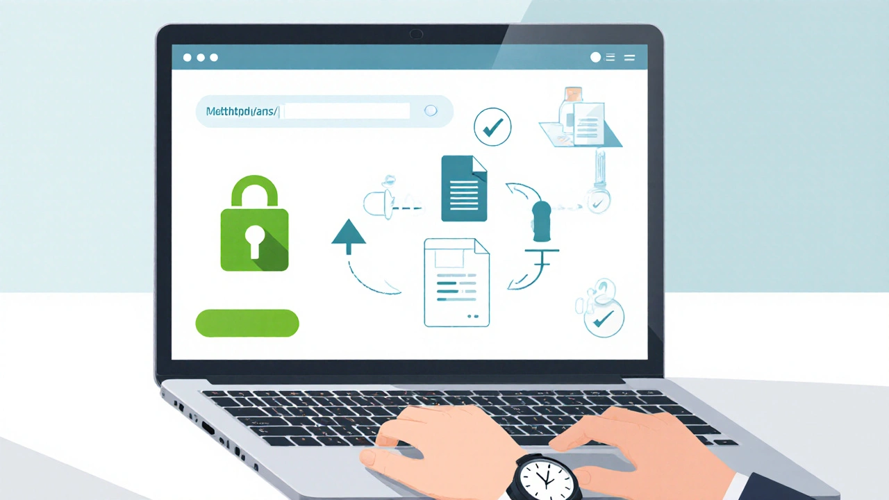 Flat illustration of a laptop showing secure online pharmacy steps.