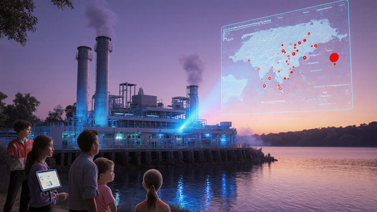Futuristic water‑treatment plant with UV/ozone systems and community briefing at dusk.