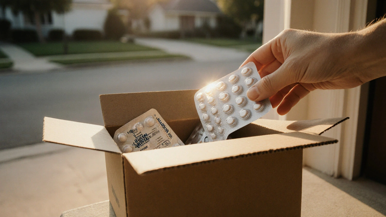 Hand opening a delivery box to reveal a sealed blister pack of ivermectin tablets.