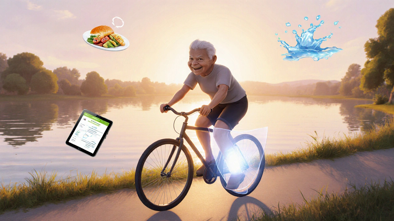 Happy older adult biking with a glowing shield around the knee.