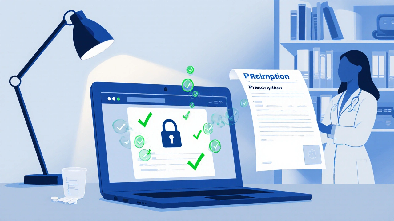 Home office scene with laptop showing secure pharmacy portal and a prescription paper.