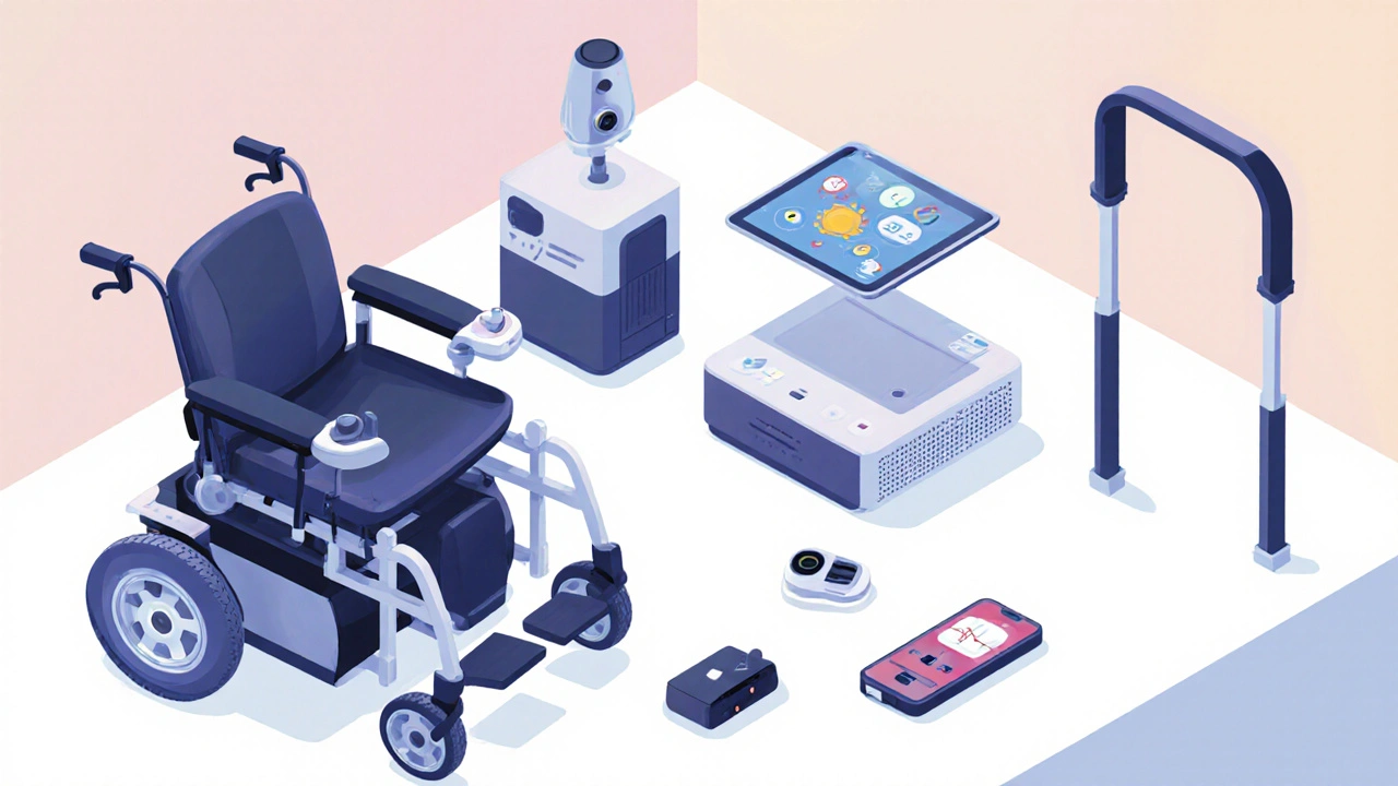 Illustrated assortment of mobility, communication, and health devices for DMD.