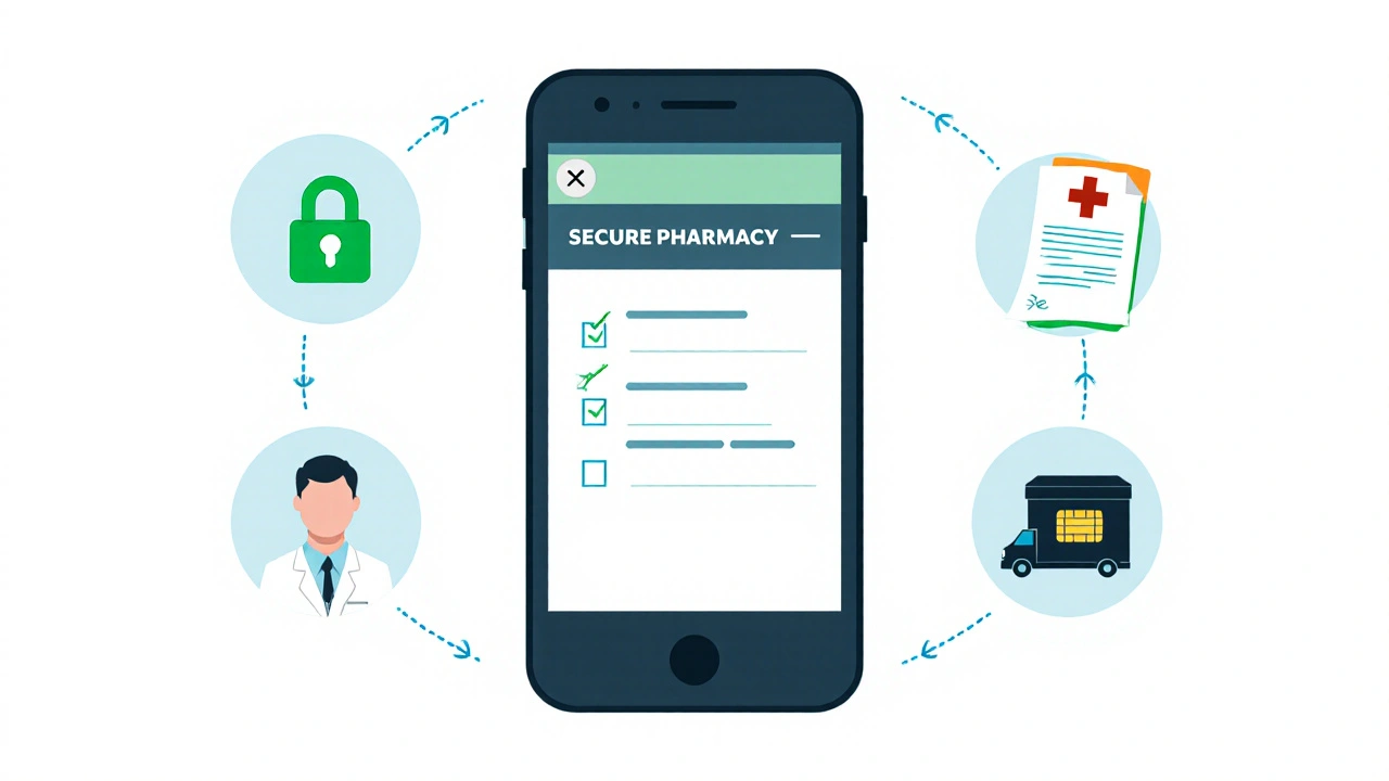 Illustration of a secure pharmacy app checklist with lock, prescription, payment, and shipping icons.