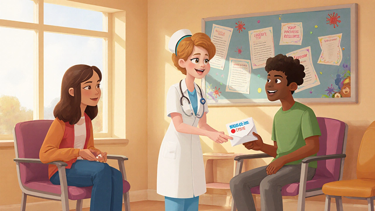 Inclusive clinic scene with diverse people receiving rapid HIV test kits and confidential results.
