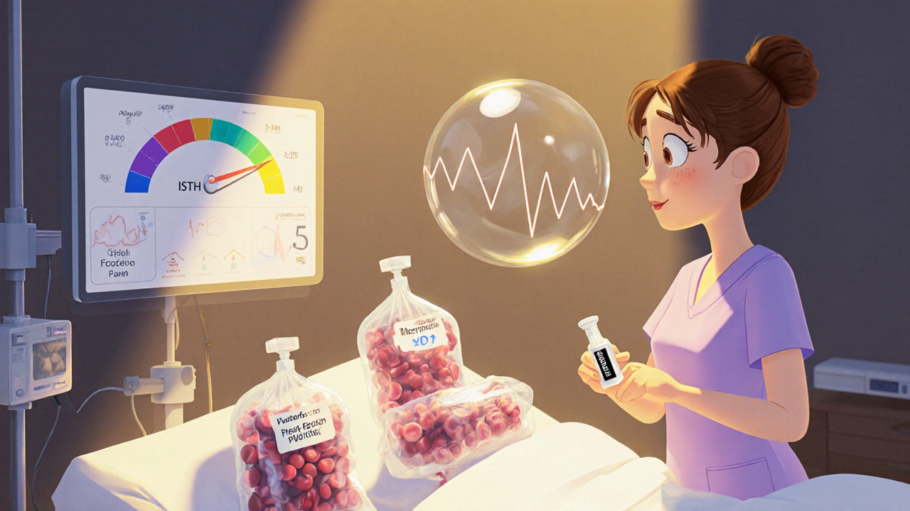 Nurse manages platelet, plasma, and heparin supplies beside a patient, with a glowing ISTH score gauge.