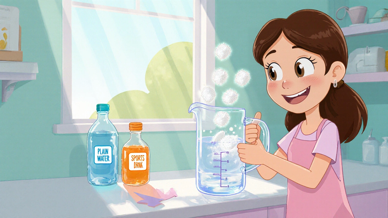 Parent preparing homemade ORS with labeled ingredients on a sunny countertop.