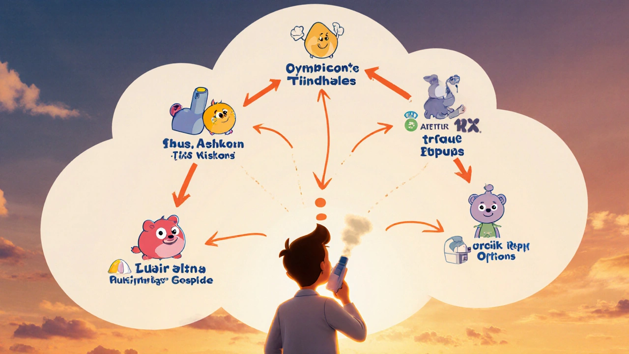 Patient choosing an inhaler on a cloud-shaped decision board with pathway icons.