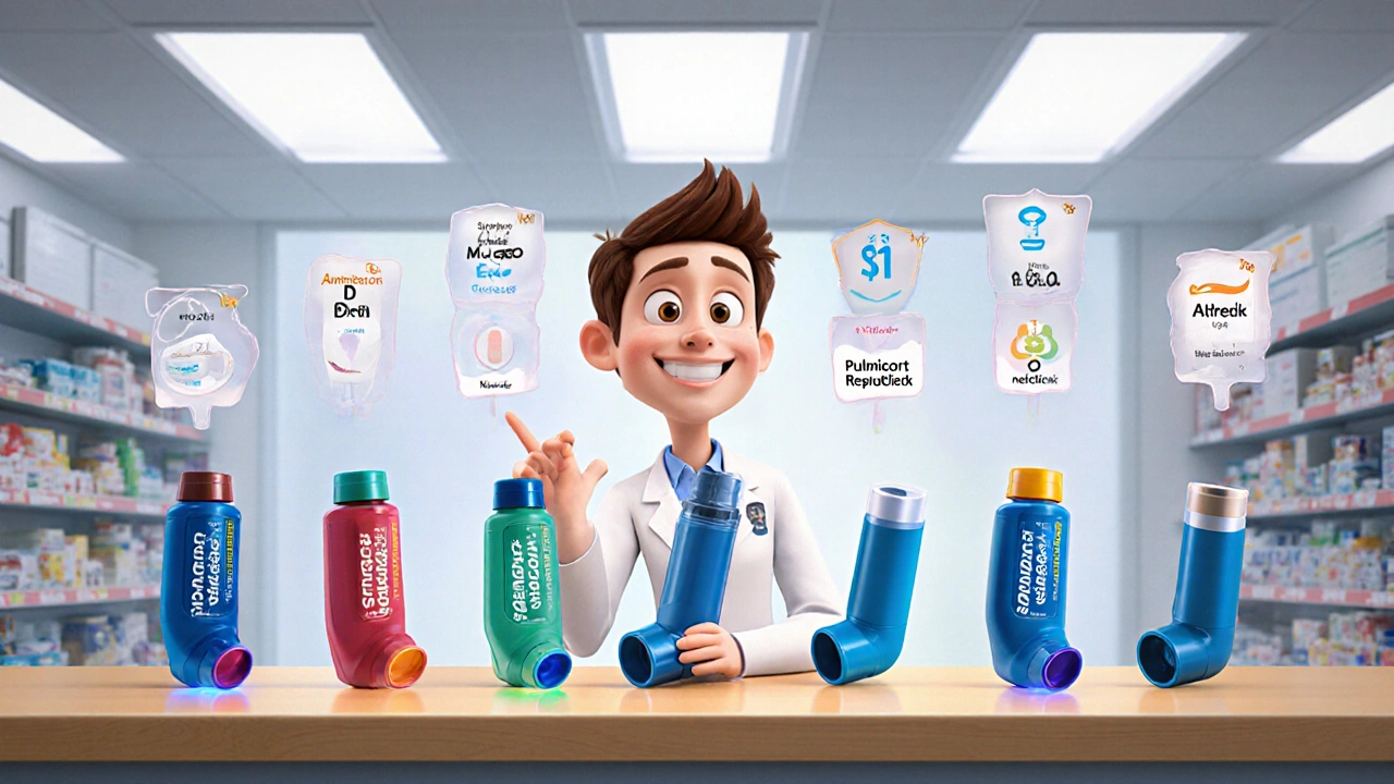 Pharmacist demonstrating five inhalers on a counter with floating feature icons.