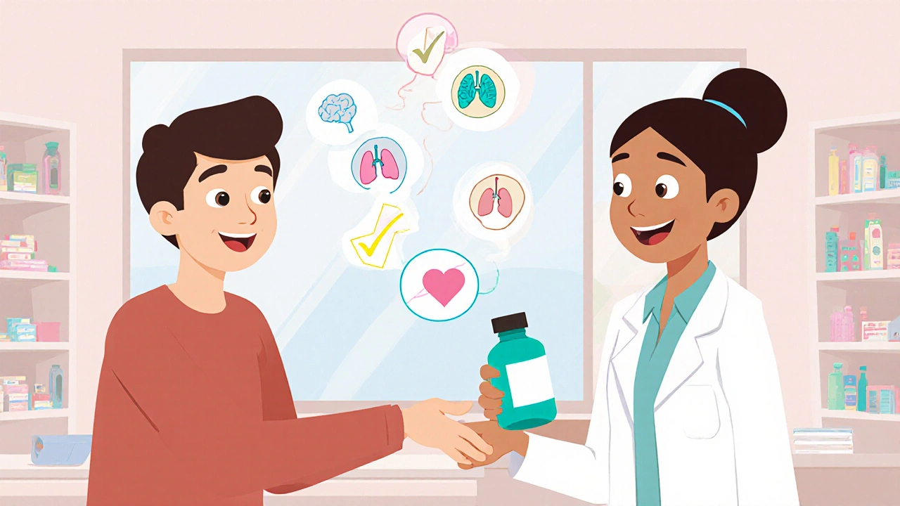 Pharmacist handing a second‑generation antihistamine to a patient with a floating safety checklist.