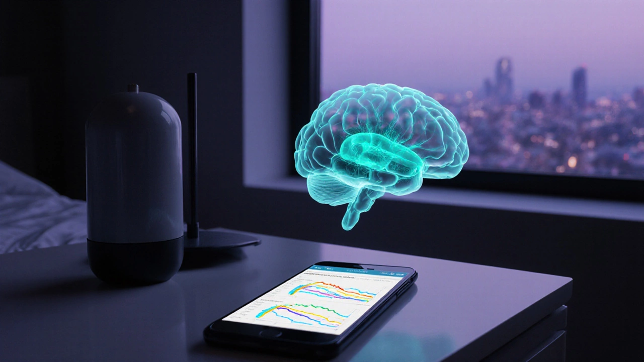 Smartphone app monitoring speech next to a glowing brain model indicating DBS.