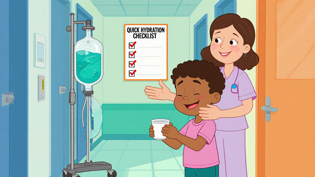 Smiling child holding ORS cup near nurse with IV bag and checklist in clinic.
