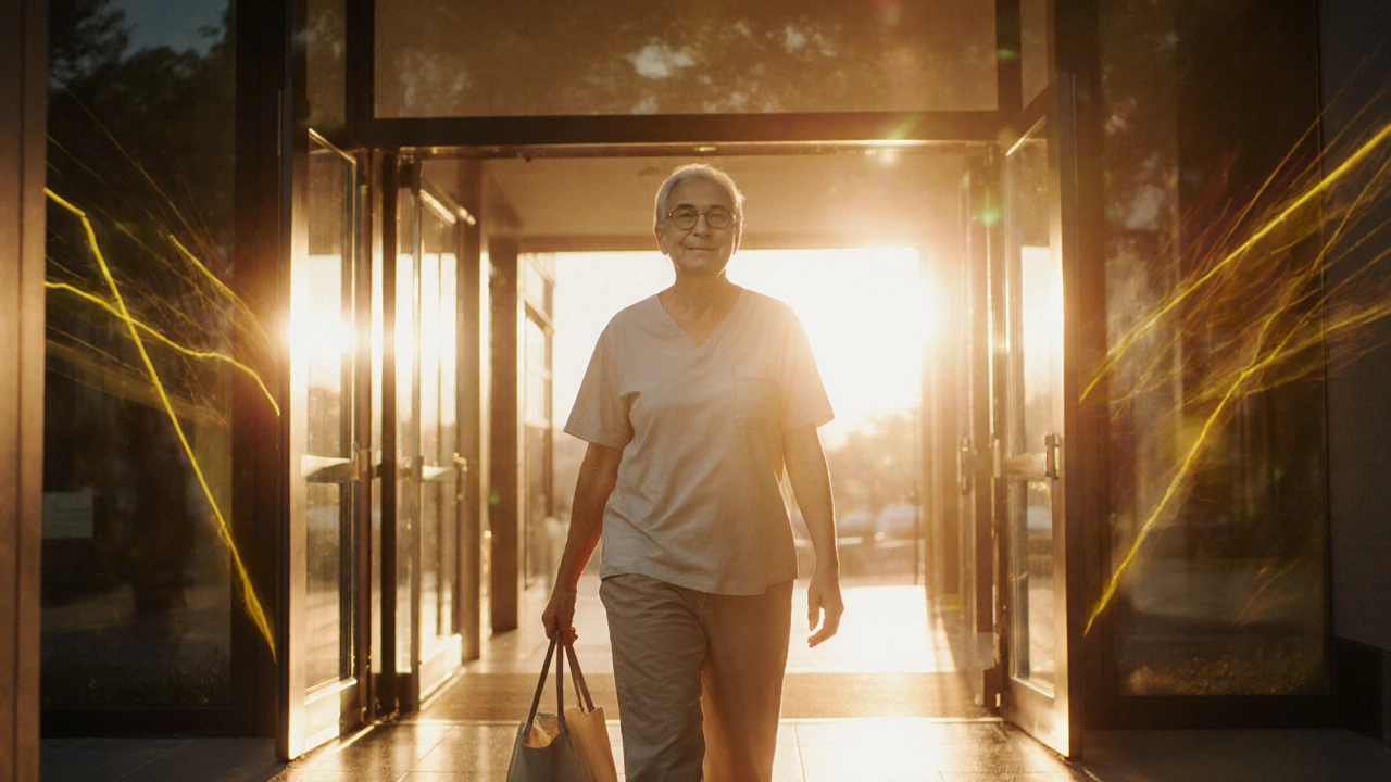 Survivor exiting an oncology clinic at sunrise, symbolizing hope after treatment.
