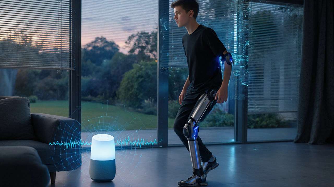 Teen using an exoskeleton and AI voice assistant in a high‑tech home.