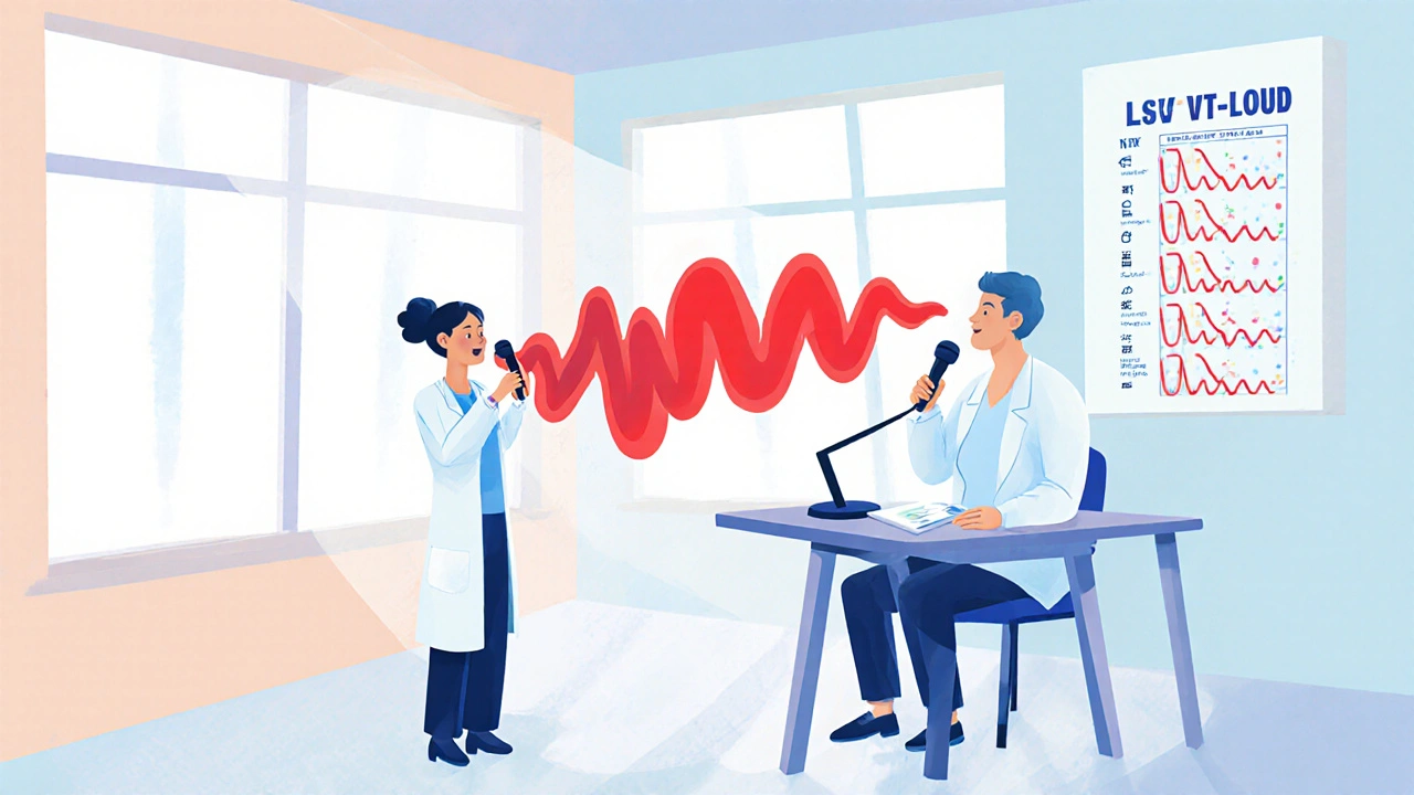 Therapist and patient performing a loud voice drill with bright sound wave.