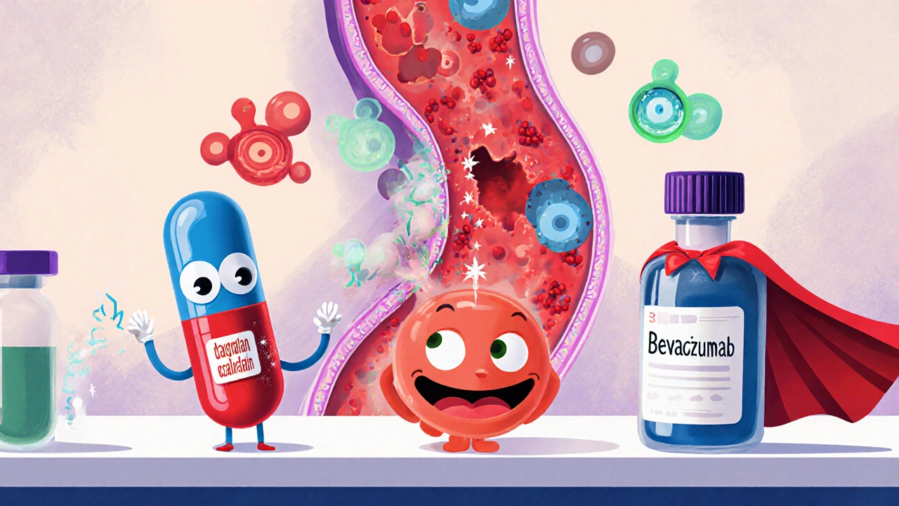 Three cartoon drug icons (capsule, drip, vial) trigger red clots in a stylized blood vessel.