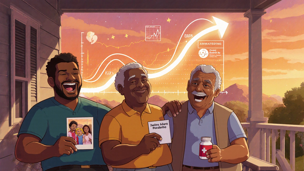 Three men laughing on a porch at sunset, one holding a photo of grandchildren, symbolizing life extended by abiraterone.