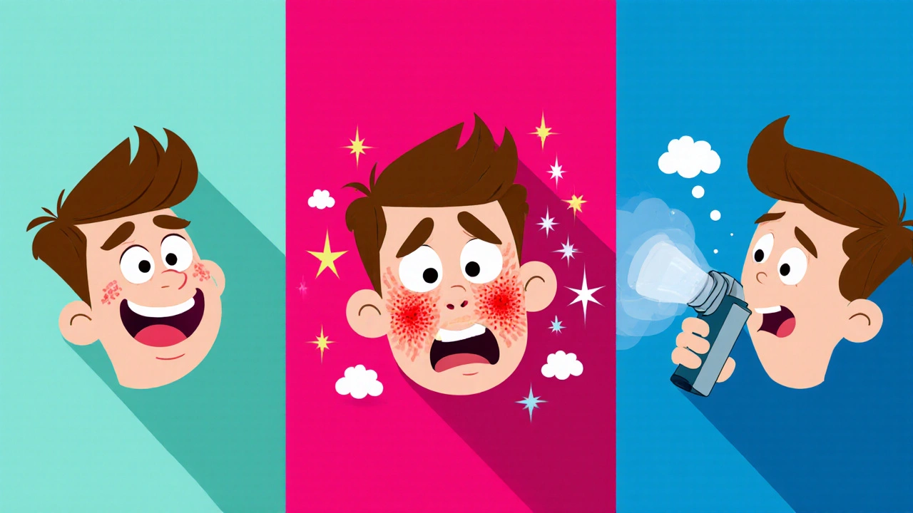 Three panels show nausea side effect, hives allergy, and wheezing intolerance.