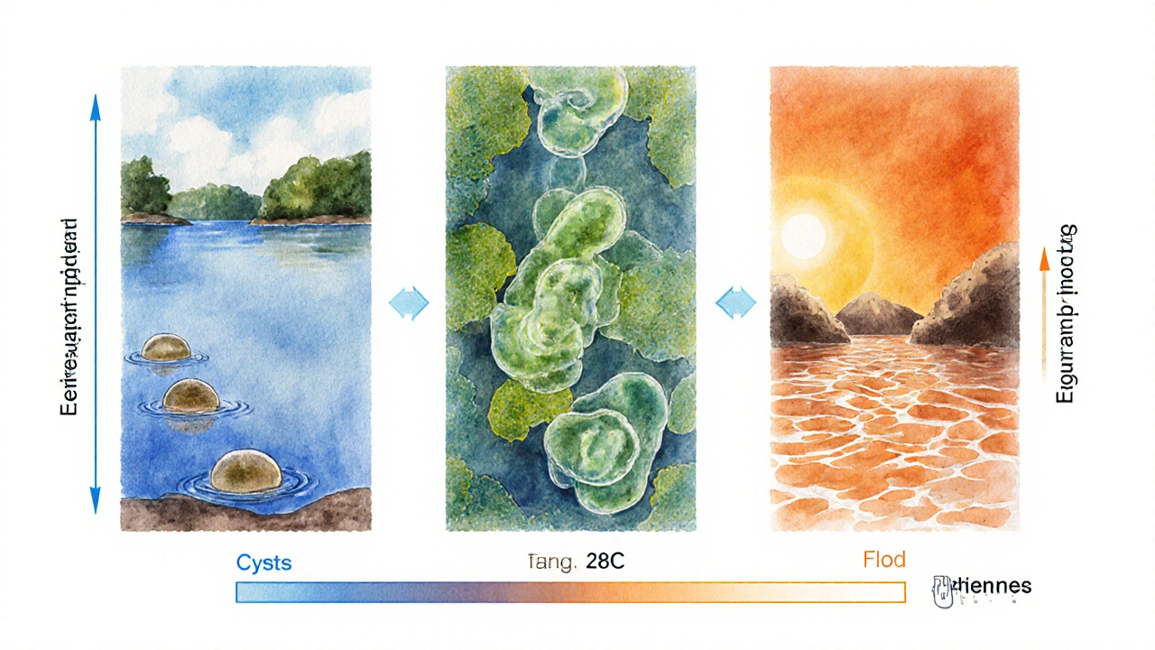 Watercolor illustration of amoeba life cycle stages as lake temperatures rise.