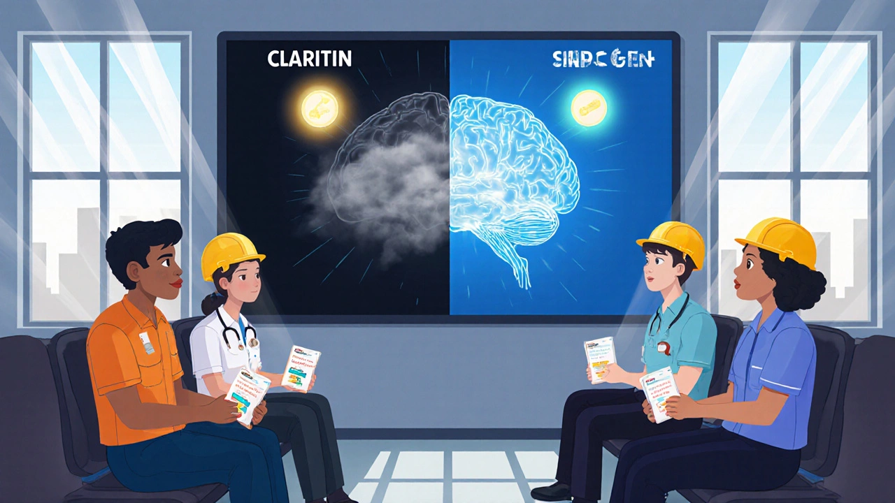 Workers learning about safe antihistamines, glowing brain comparison on screen