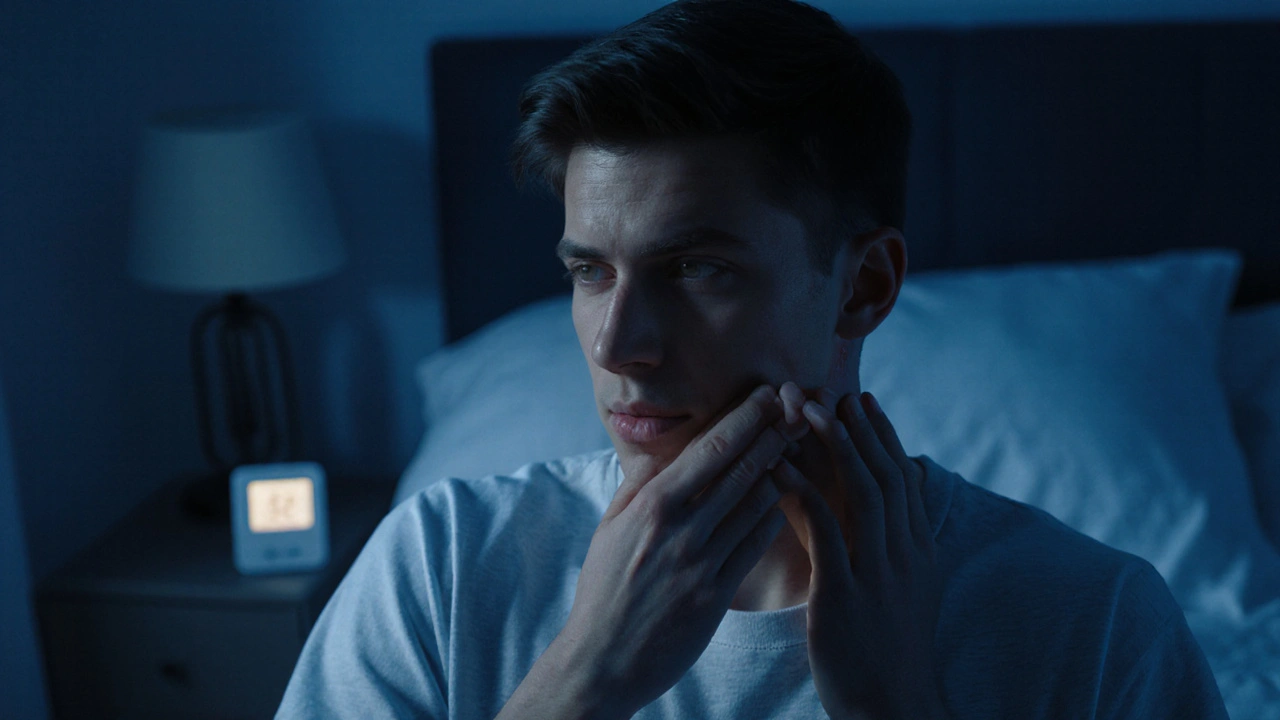 Young adult touching a swollen neck node in a dim bedroom, showing fever and night sweats.