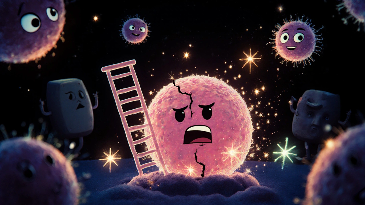 A cancer cell dies as immune cells rush in, drawn by glowing signals from damaged tumor cells.