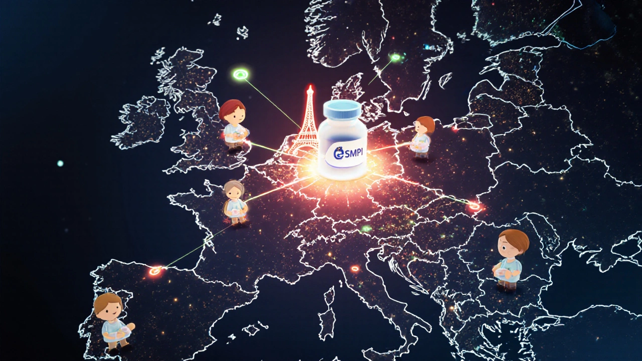 A glowing map of Europe showing connected countries with digital health pathways and traveling patients holding medication.