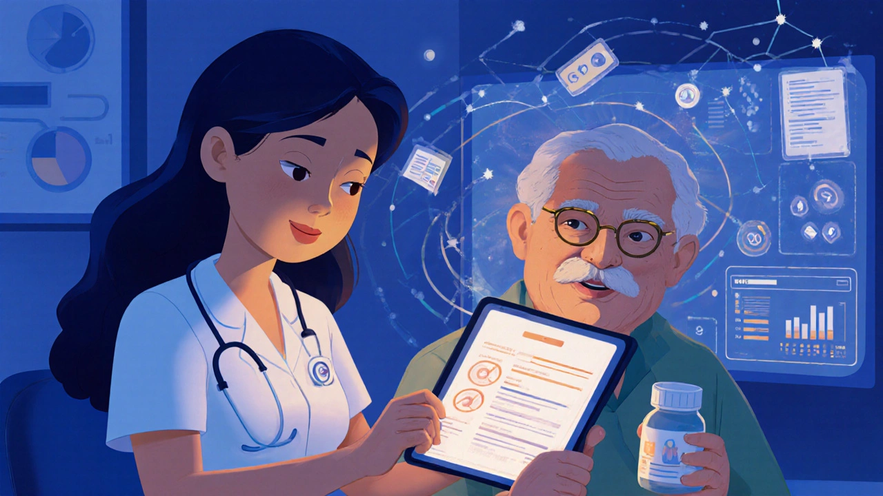 A nurse helping an elderly patient report a medication side effect, with digital health data floating around them.