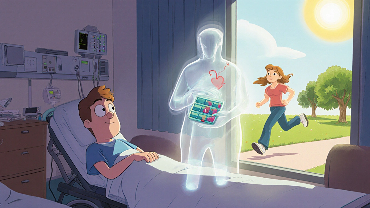 A patient in hospital with a ghostly healthy version of themselves outside the window.