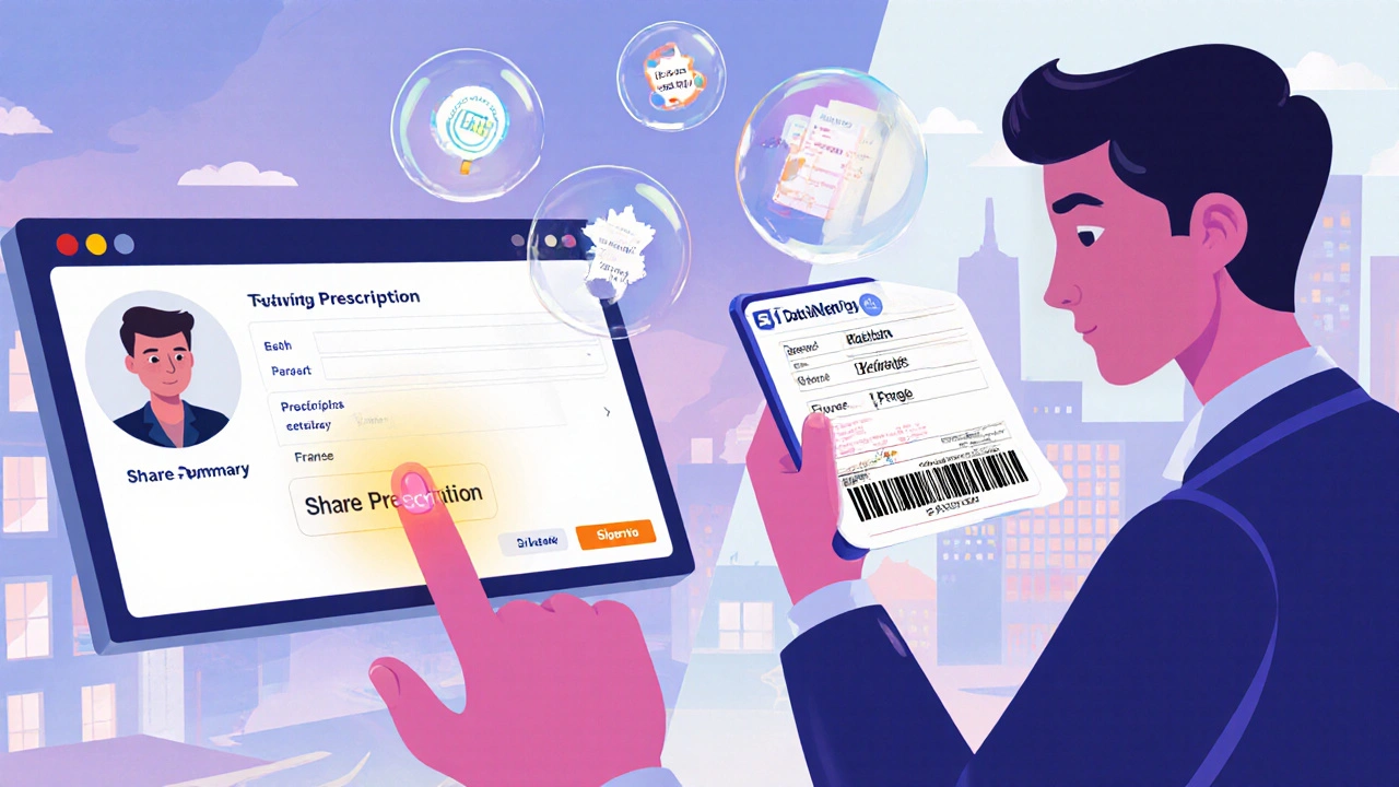 A patient sharing a digital health summary from Germany while a pharmacist in France scans a scannable prescription code.