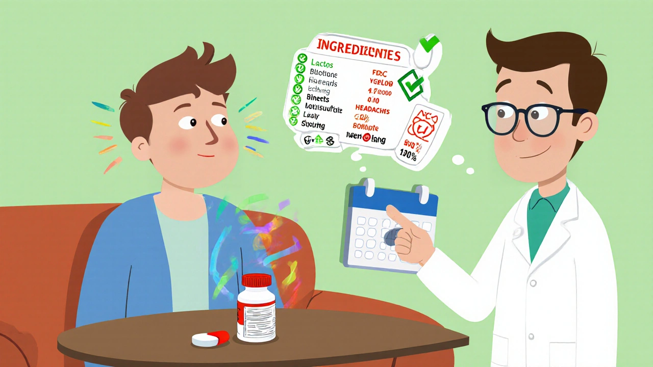 A patient with colorful aura symptoms caused by a generic pill, while a pharmacist explains ingredients in a whimsical medical scene.