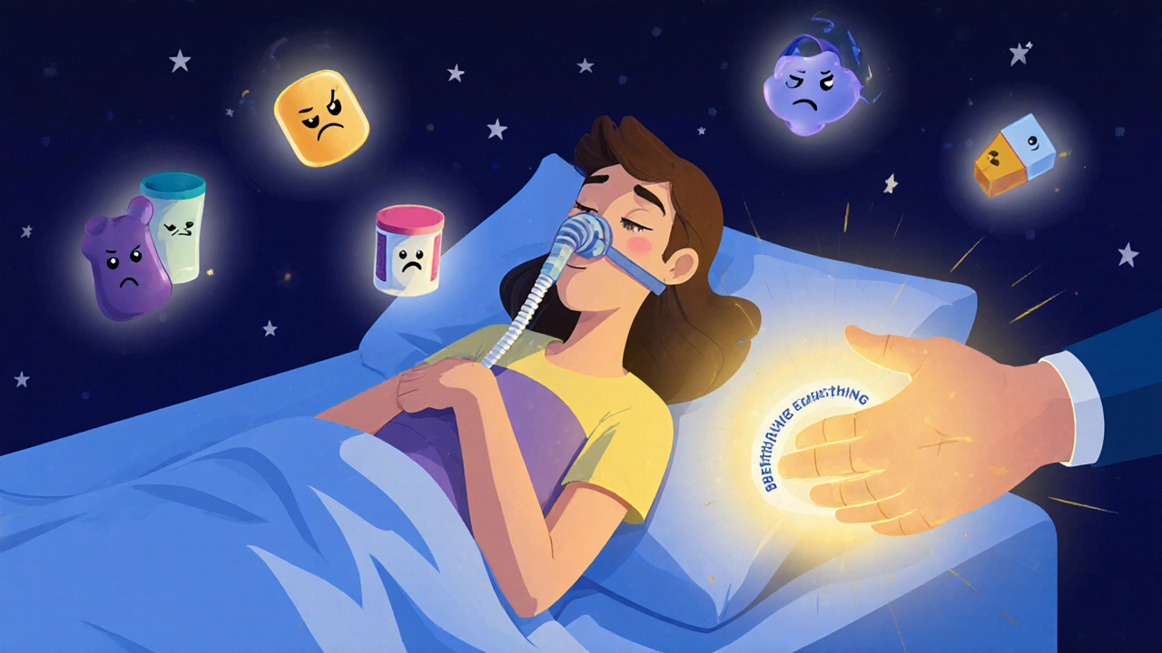 A person sleeping with a CPAP mask, while dangerous sleep aids are being pushed away by a hand representing breathing exercises.