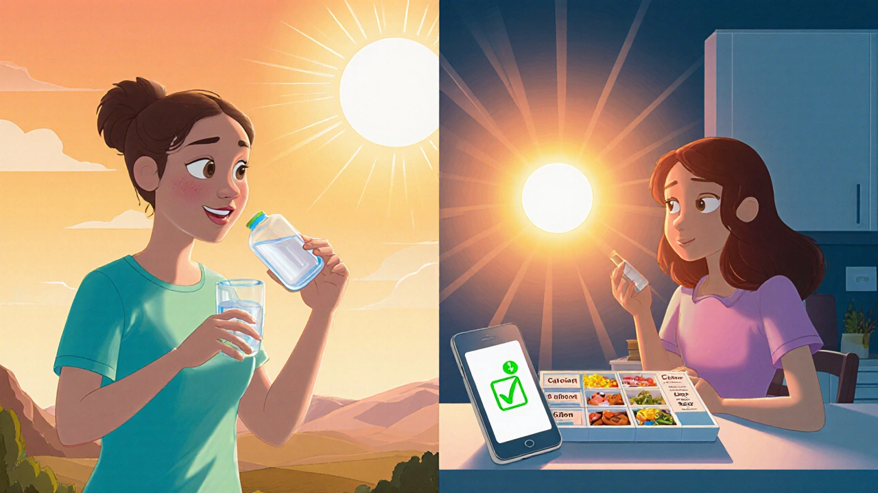 A person taking calcium with dinner after waiting hours from their morning bisphosphonate, with a pill organizer and app reminder visible.