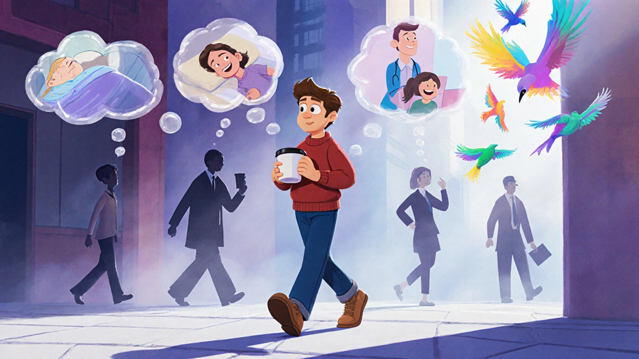 A person walking confidently as negative stereotypes fade away around them.