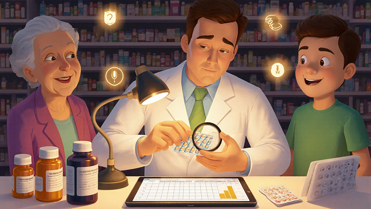 A pharmacist preparing a personalized medication pack as a senior and family member look on.