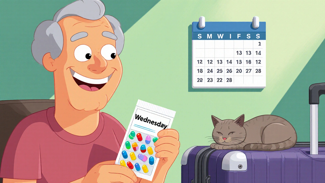 A senior holding a daily pill pouch while packing for travel with a suitcase nearby.